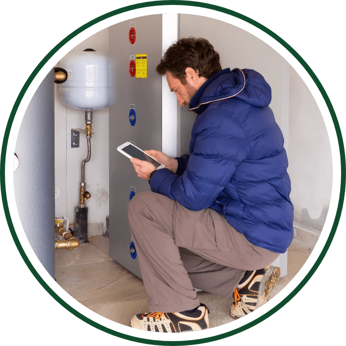 Technician inspecting heat pump system.