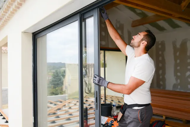 Man installing sliding glass door.